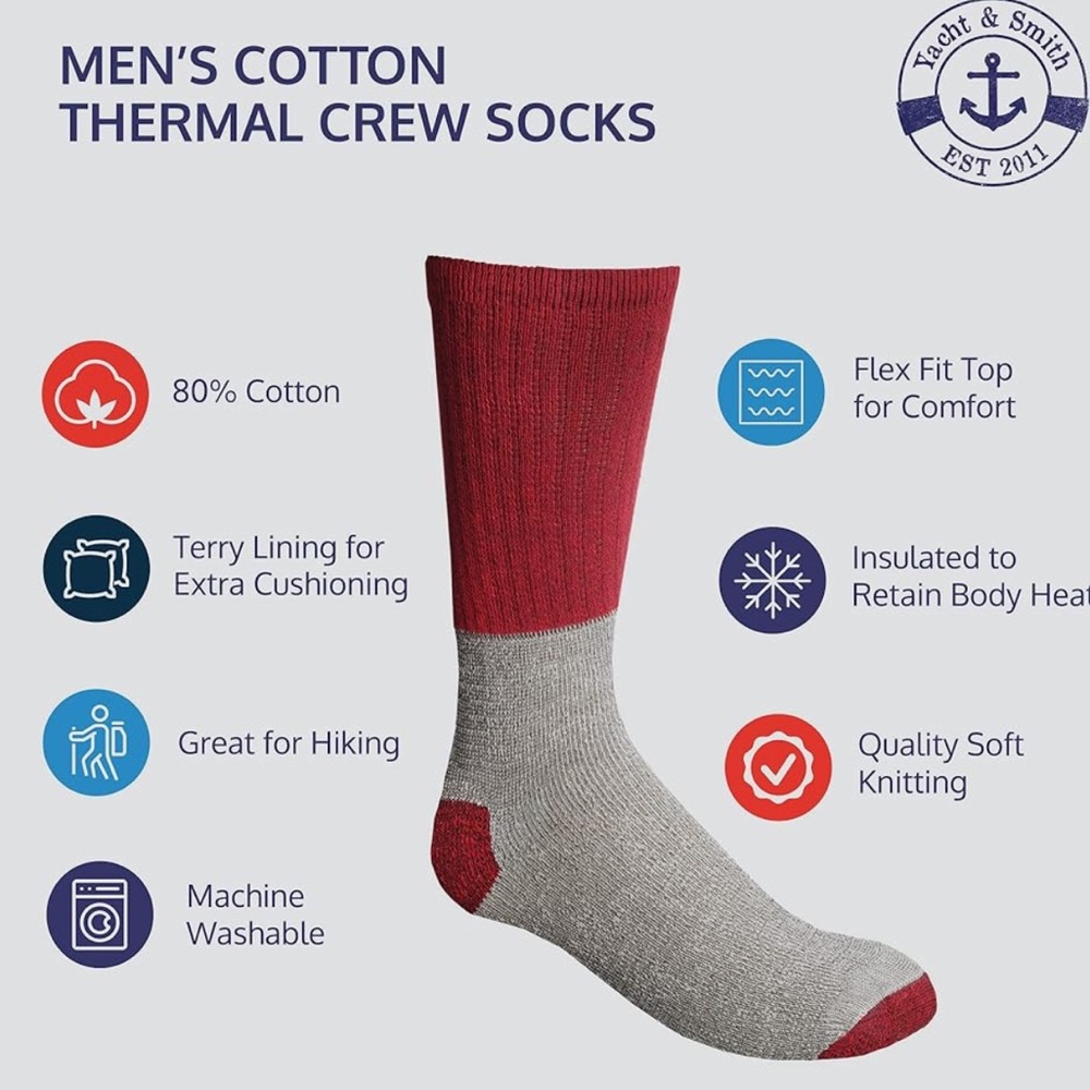 NEW Yacht & Smith 3 Pairs Thermal Boot Crew And Tube Socks Size: W 9-11 M 5-11